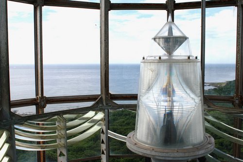 The lamp inside the still functioning lighthouse